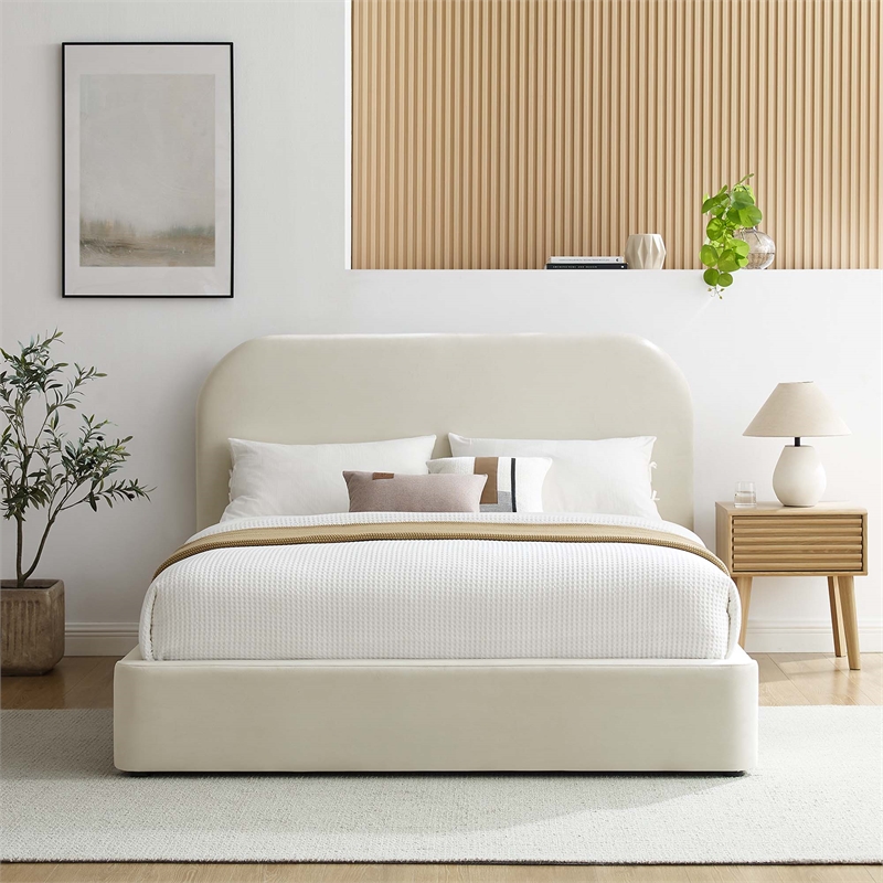 Keynote Performance Velvet Curved King Platform Bed in Alabaster