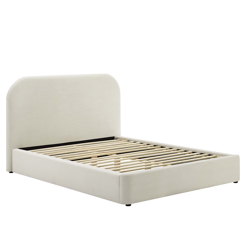 Keynote Performance Velvet Curved King Platform Bed in Alabaster