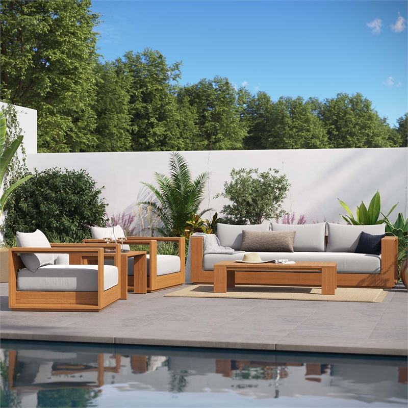 Modway Tahoe 5-Piece Acacia Wood Outdoor Patio Set in Natural Light Gray