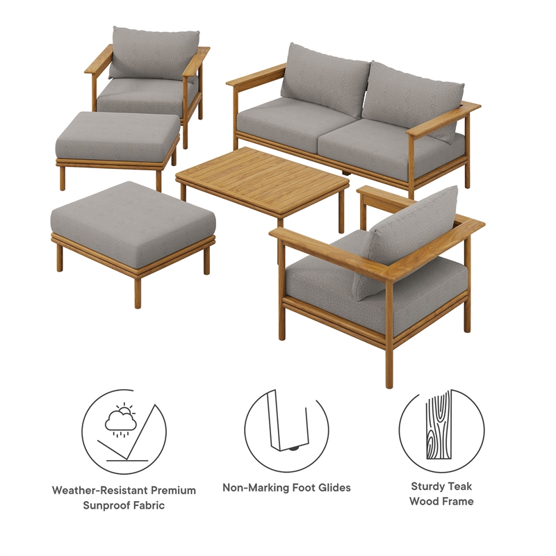 Modway Wren 6-Piece Teak Wood Patio Furniture Set in Natural Driftwood
