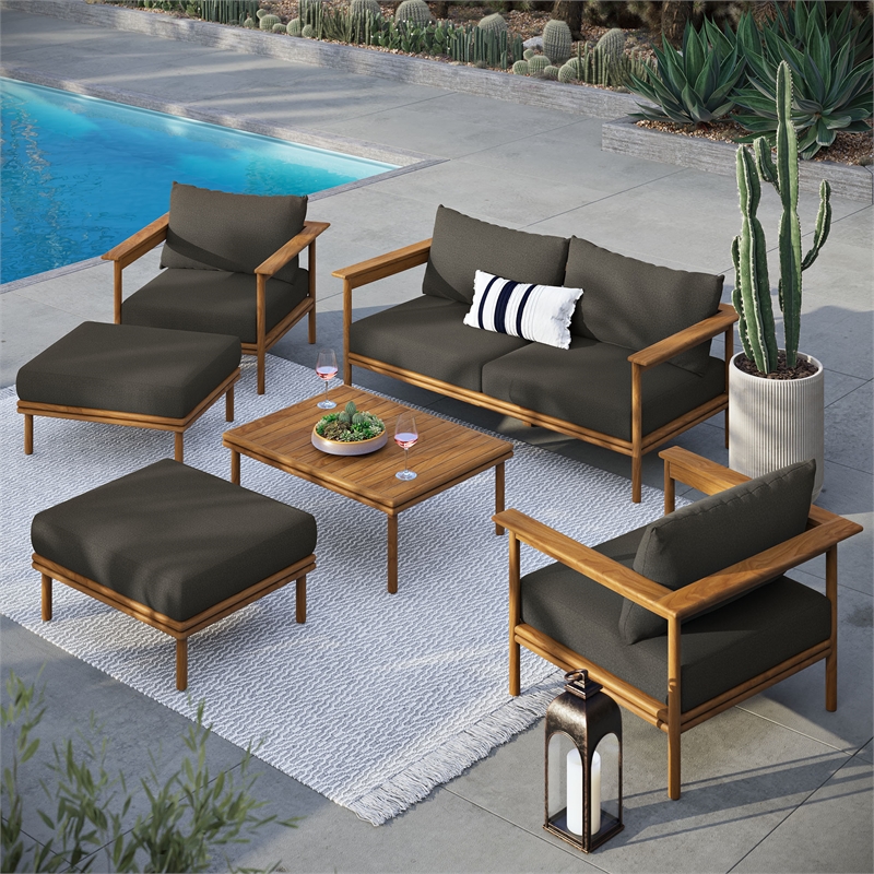 Modway Wren 6-Piece Solid Teak Wood Furniture Set in Natural Flint Gray