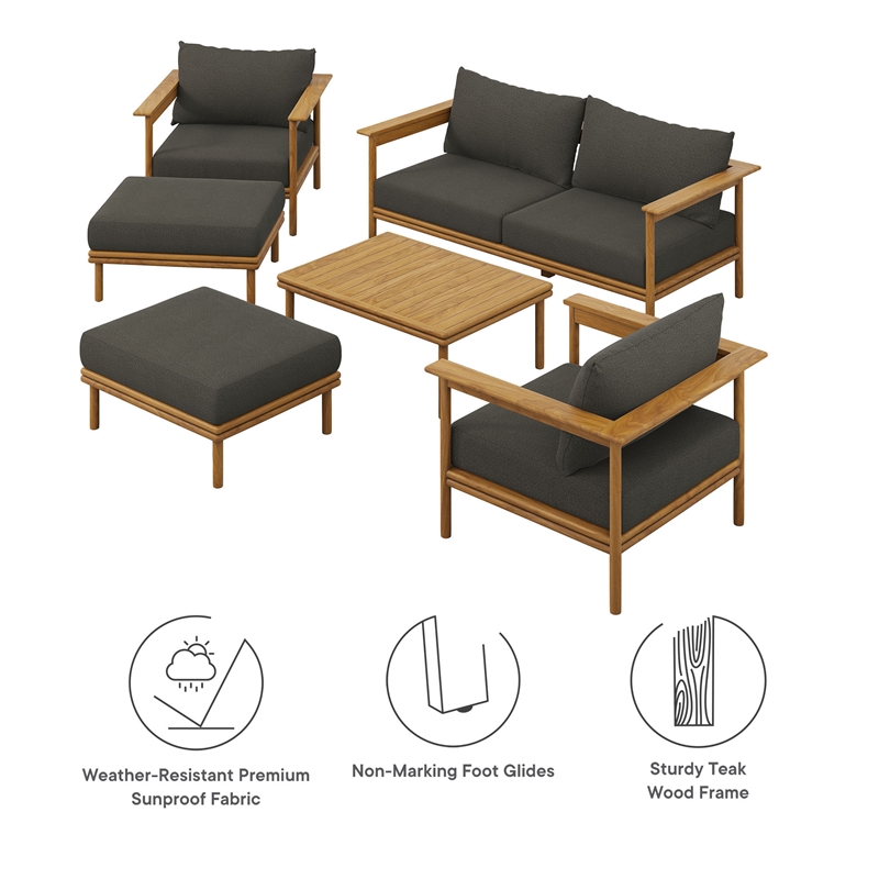 Modway Wren 6-Piece Solid Teak Wood Furniture Set in Natural Flint Gray