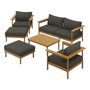 Modway Wren 6-Piece Solid Teak Wood Furniture Set in Natural Flint Gray