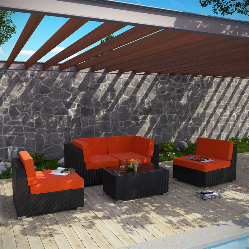 Modway Camfora 5-Piece Synthetic Rattan Weave Sectional Set in Espresso/Orange