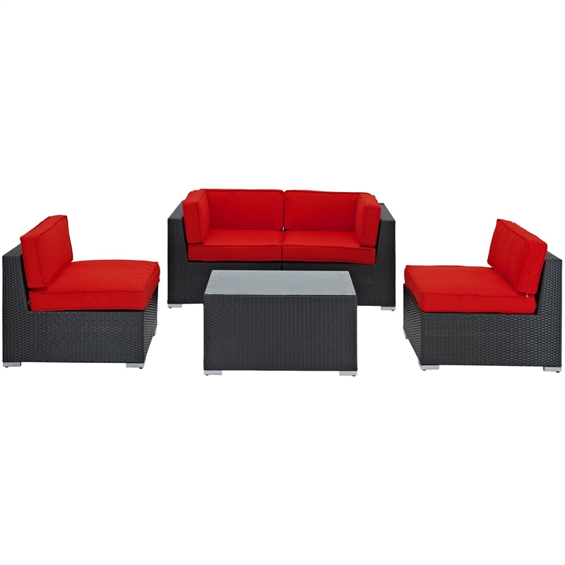 modway camfora 5-piece synthetic rattan weave sectional set in espresso/red