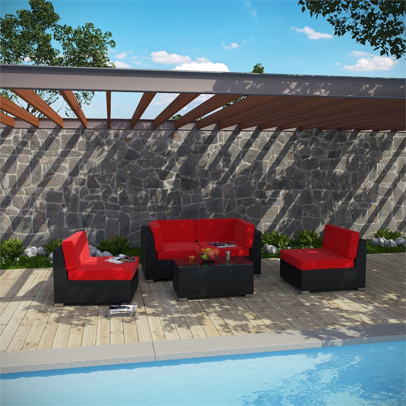 modway camfora 5-piece synthetic rattan weave sectional set in espresso/red