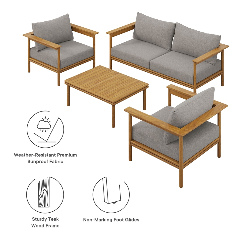 Modway Wren 4-Piece Teak Wood Patio Furniture Set in Natural Driftwood