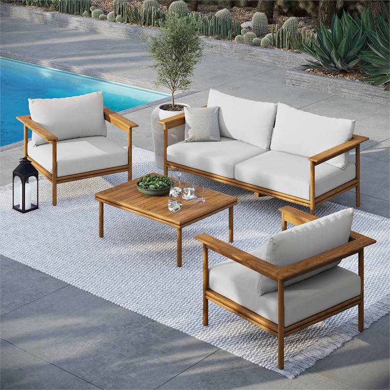 Modway Wren 4-Piece Solid Teak Wood Patio Set in Natural Sail