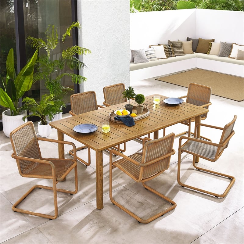 Abacus 7-Piece Dining Table Set with Rattan Armchairs in Natural Natural
