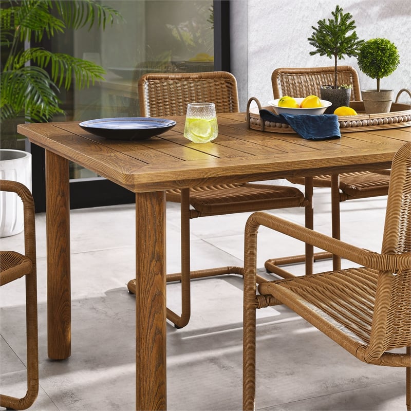 Abacus 7-Piece Dining Table Set with Rattan Armchairs in Natural Natural