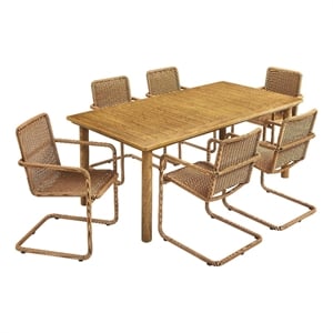 Abacus 7-Piece Dining Table Set with Rattan Armchairs in Natural Natural