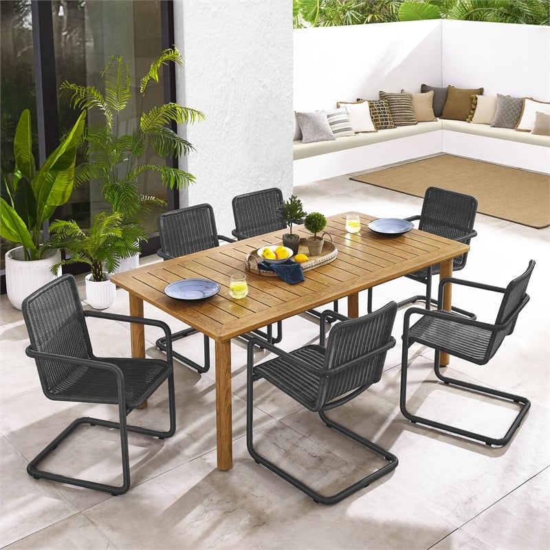 Abacus 7-Piece Dining Table Set with Rattan Armchairs in Slate Natural