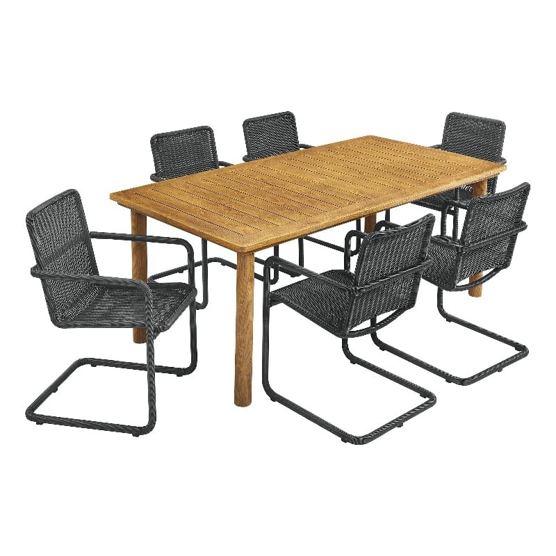 Abacus 7-Piece Dining Table Set with Rattan Armchairs in Slate Natural