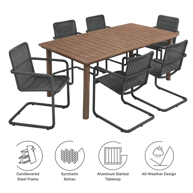 Abacus 7-Piece Dining Table Set with Rattan Armchairs in Slate Walnut
