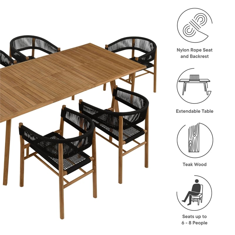 Vienna 7-Piece Dining Set with Curved-Back Armchairs in Natural Black