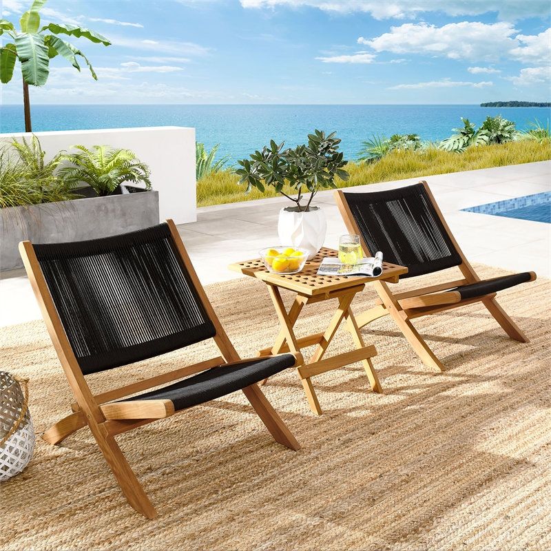 Vienna 3-Piece Folding Lounge Chairs and Side Table in Natural Black