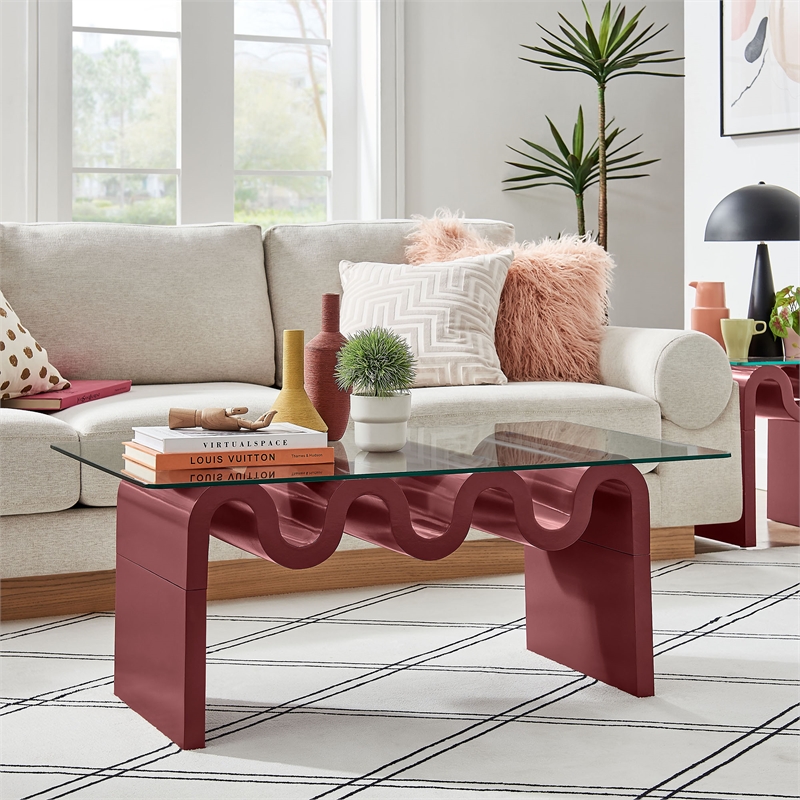 Modway Ondine Unique Wave Shaped Tempered Glass Coffee Table in Spiced Apple