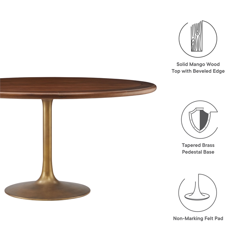 Modway Lippa Dining Table with Powder-Coated Metal Pedestal Base in Brass Walnut