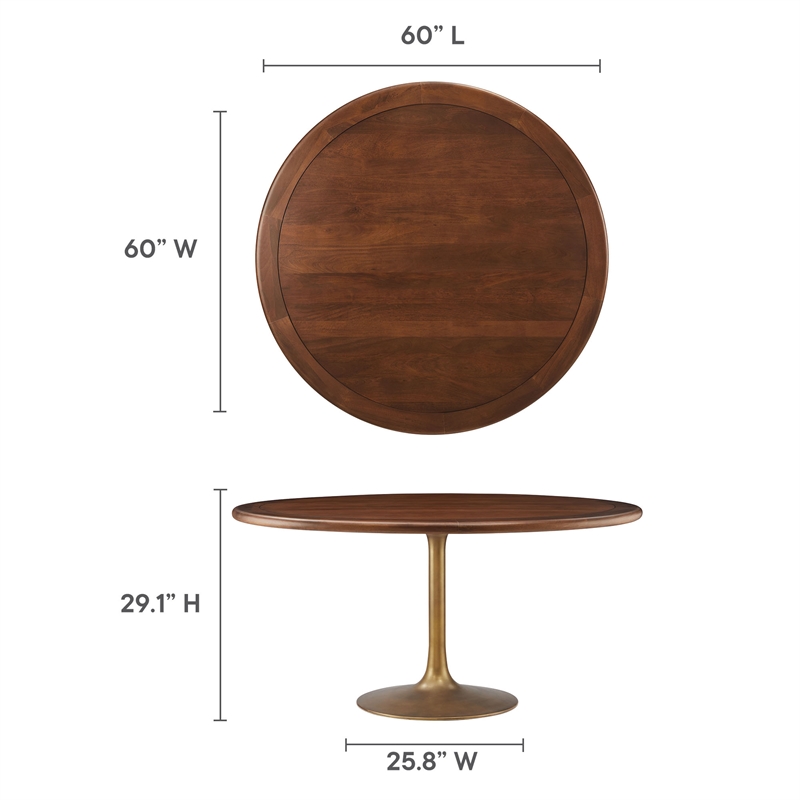 Modway Lippa Dining Table with Powder-Coated Metal Pedestal Base in Brass Walnut