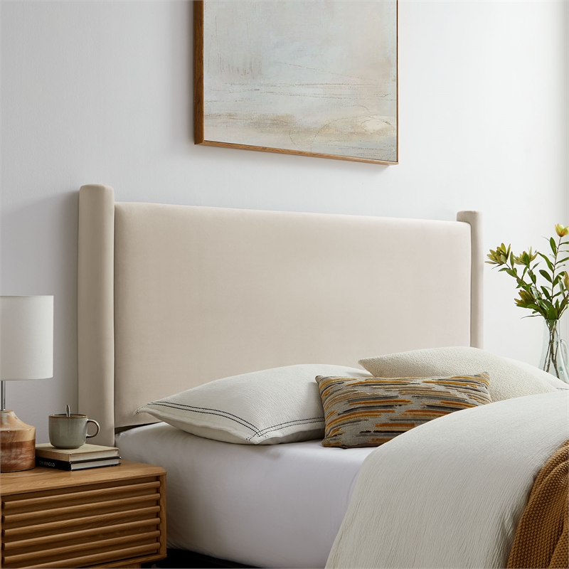 Rael Performance Velvet Queen Headboard in Alabaster
