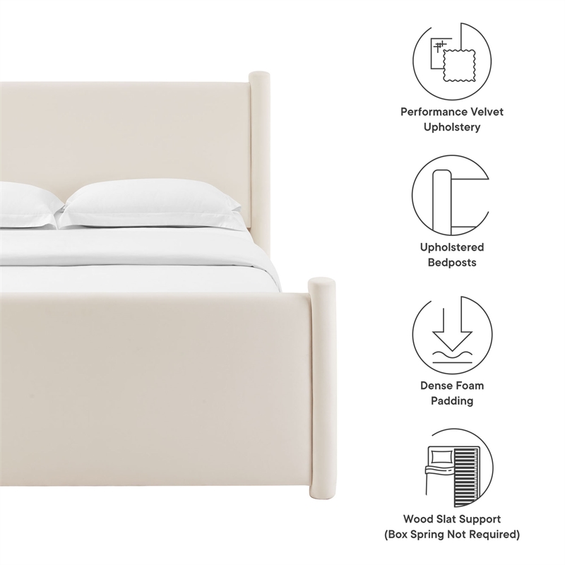 Rael Performance Velvet Queen Platform Bed in Alabaster