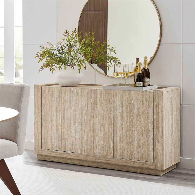 modway hollis 59&quot 3-doors buffet/sideboard in travertine laminate