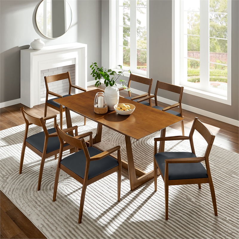 Modway Solara 7-Piece Dining Set with Vegan Leather Armchairs in Walnut Black