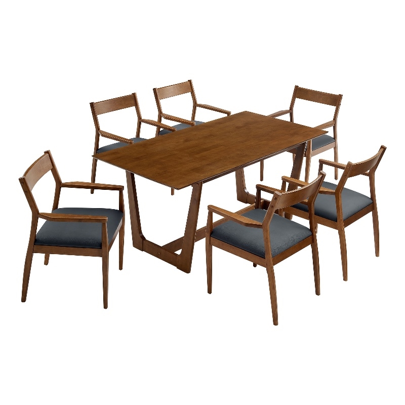 Modway Solara 7-Piece Dining Set with Vegan Leather Armchairs in Walnut Black