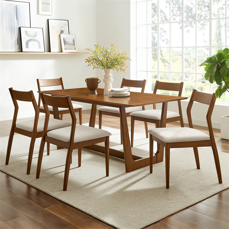 Modway Solara 7-PC Dining Set with Fabric Chair in Walnut Heathered Weave Beige