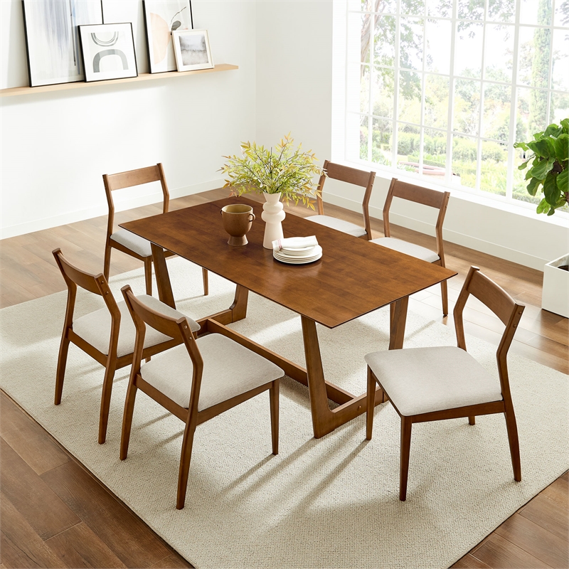 Modway Solara 7-PC Dining Set with Fabric Chair in Walnut Heathered Weave Beige