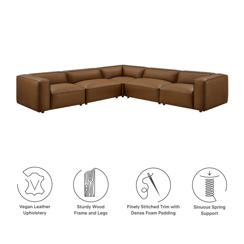 Modway Auren 5-Piece Leather Upholstered L-Shaped Sofa in Coffee