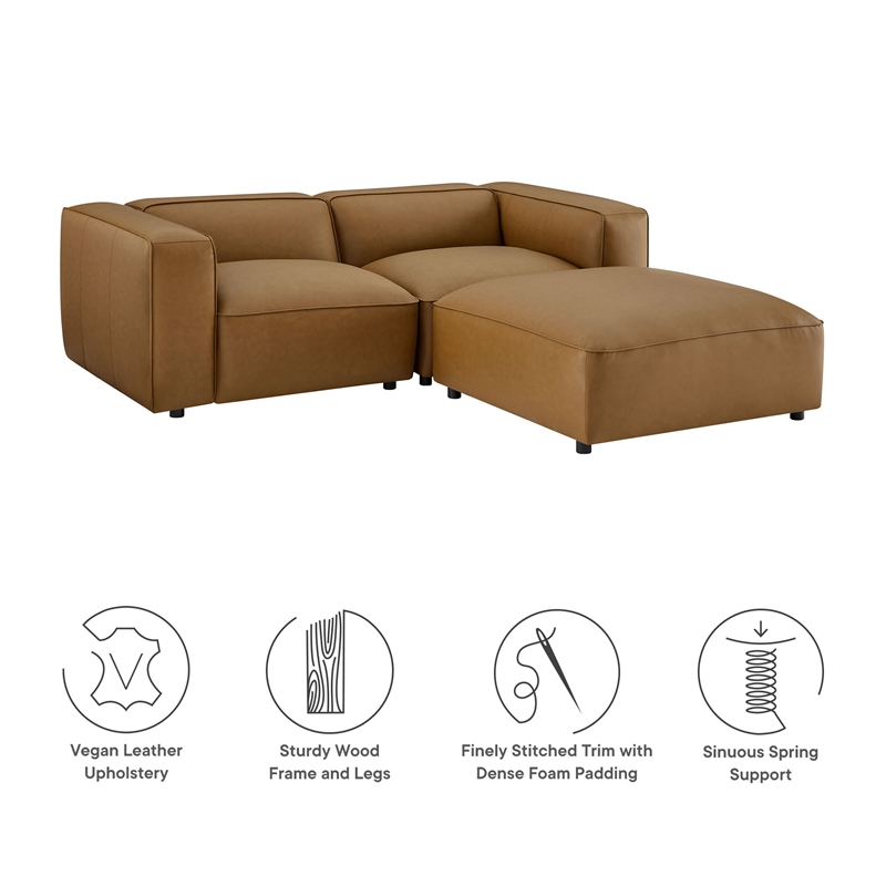Modway Auren 3-Piece Vegan Leather Upholstered Loveseat with Ottoman in Camel