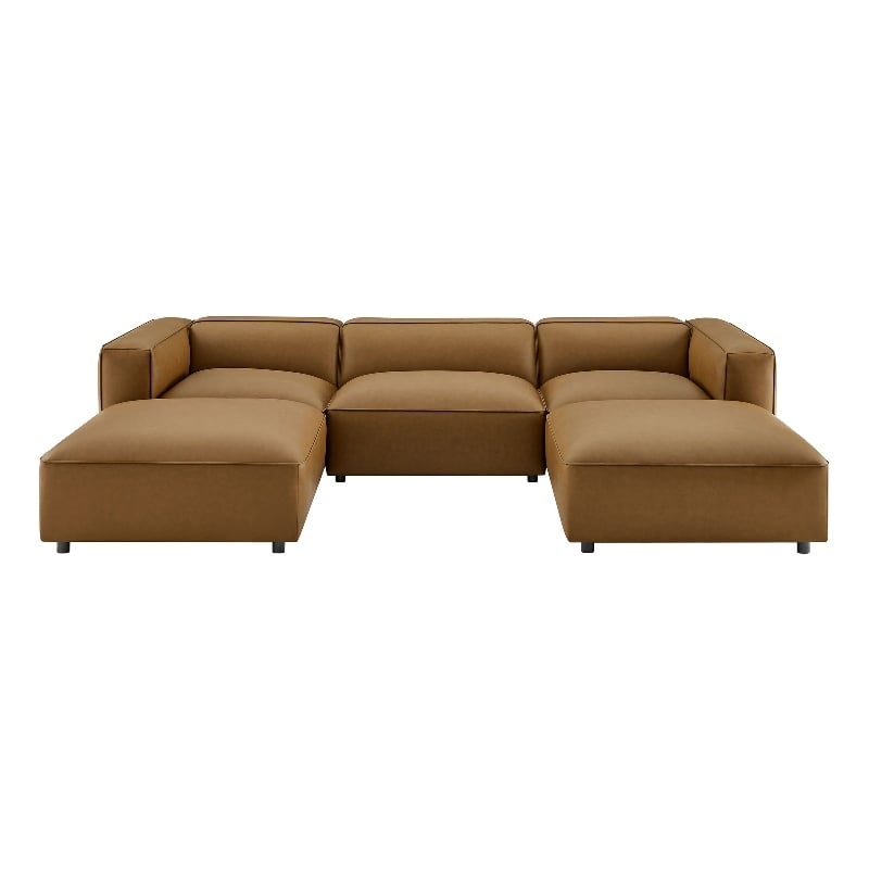 Modway Auren 5-Piece Vegan Leather Upholstered U-Shaped Sofa in Camel
