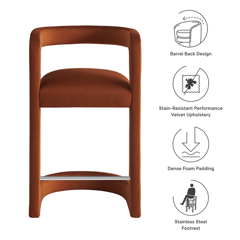 modway winslow 27&quoth performance velvet barrel back counter stool in rust