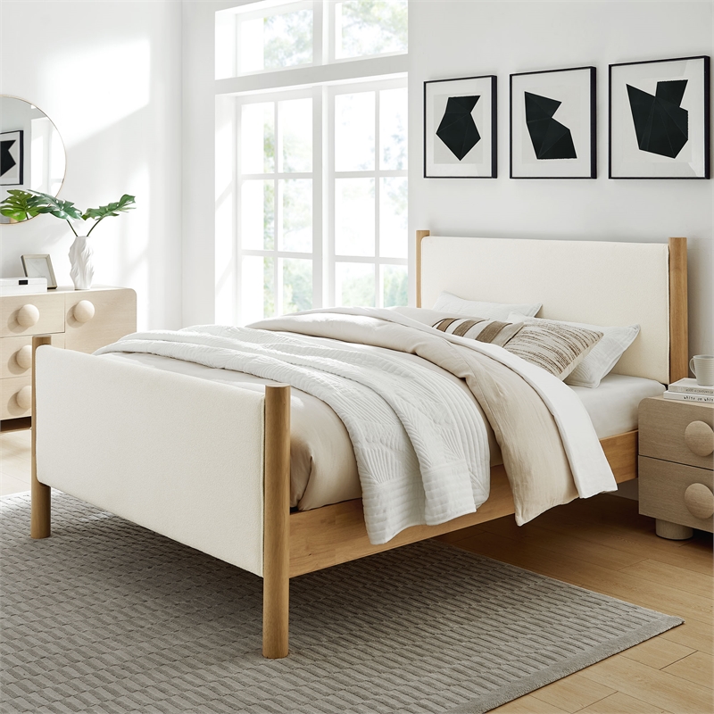 Maven Full Size Boucle Upholstered Platform Bed in Feather Oak