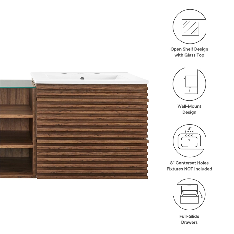 Modway Render Wall-Mount Bathroom Vanity in Walnut/White