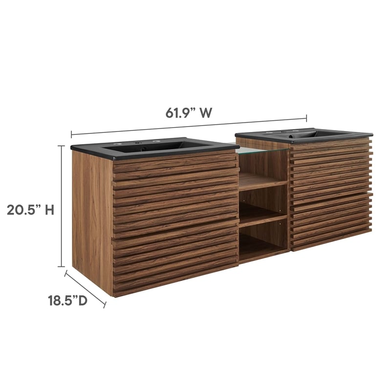 Modway Render Wall-Mount Bathroom Vanity in Walnut/Black