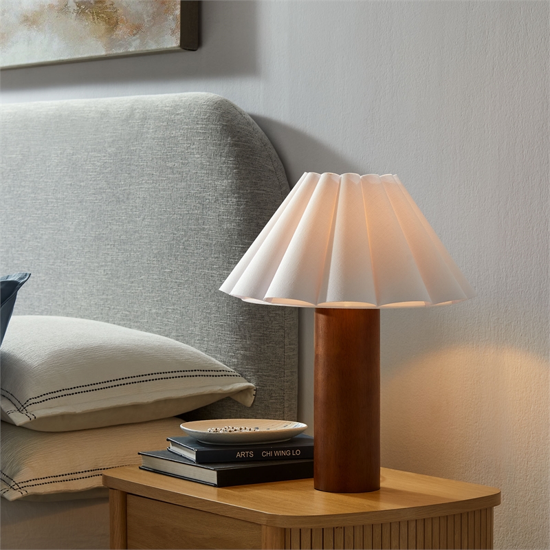 Modway Flora Table Lamp With Pleated Petal Shade in Walnut