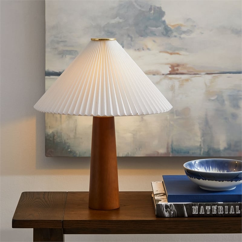 Modway Jessica Table Lamp With Pleated Fabric Shade in Walnut