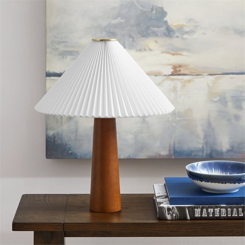 Modway Jessica Table Lamp With Pleated Fabric Shade in Walnut