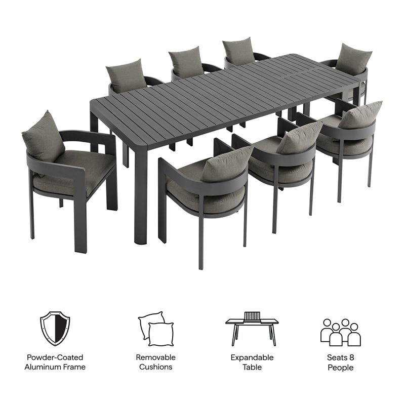 Modway Tahoe Aluminum 9-Piece Dining Set With Extendable Table in Gray Charcoal