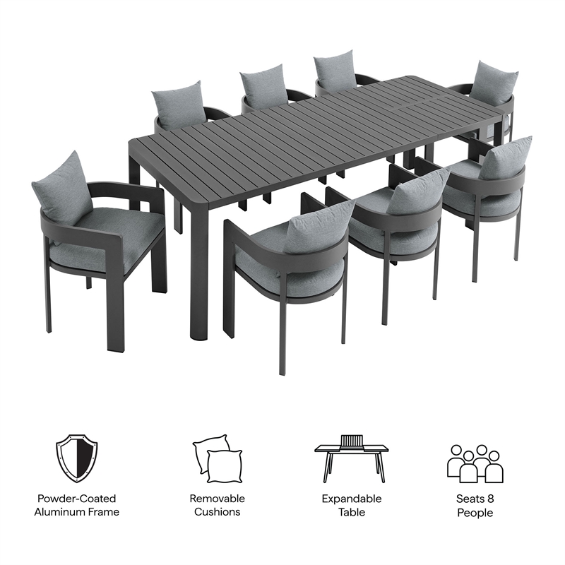 Modway Tahoe Aluminum 9-Piece Dining Set With Extendable Table in Gray Gray