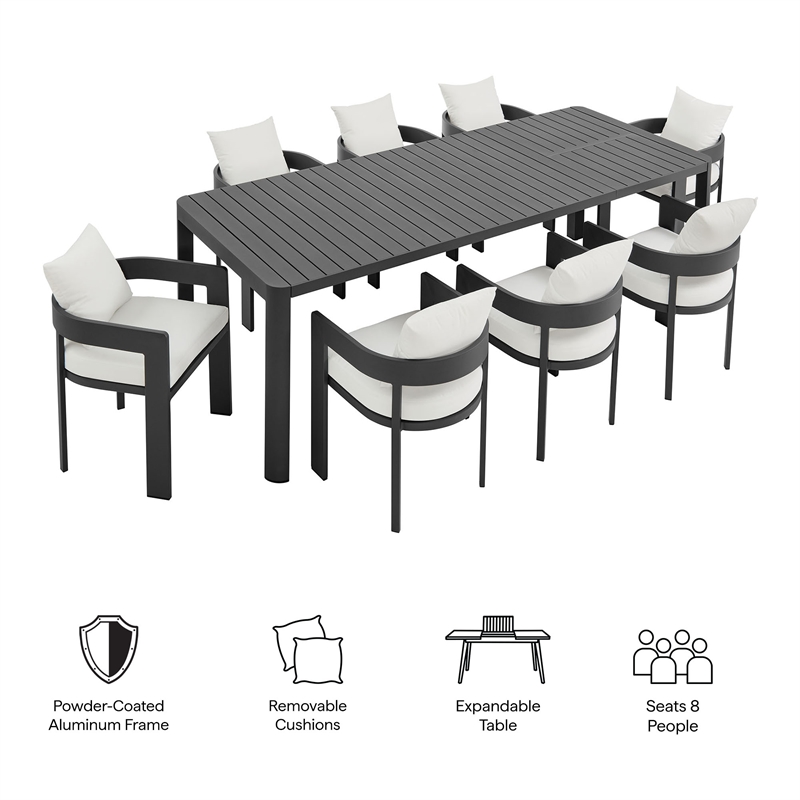 Modway Tahoe Aluminum 9-Piece Dining Set With Extendable Table in Gray White