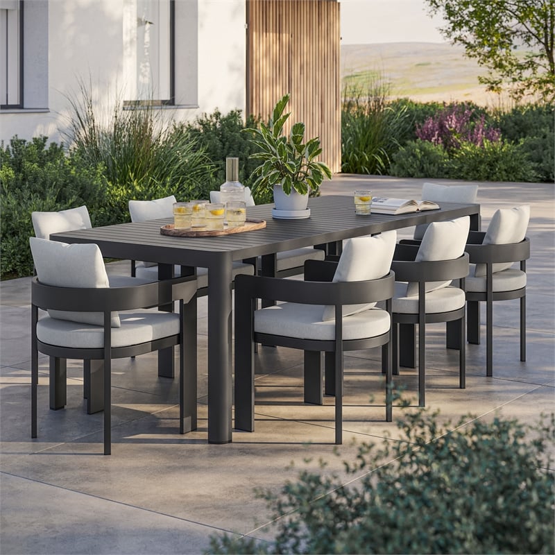 Modway Tahoe Aluminum 9-Piece Dining Set With Extendable Table in Gray White