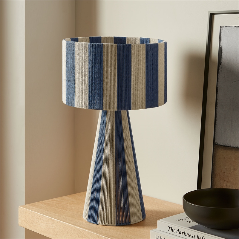 Renae Handwoven Cotton Thread Striped Table Lamp in Capri Blue