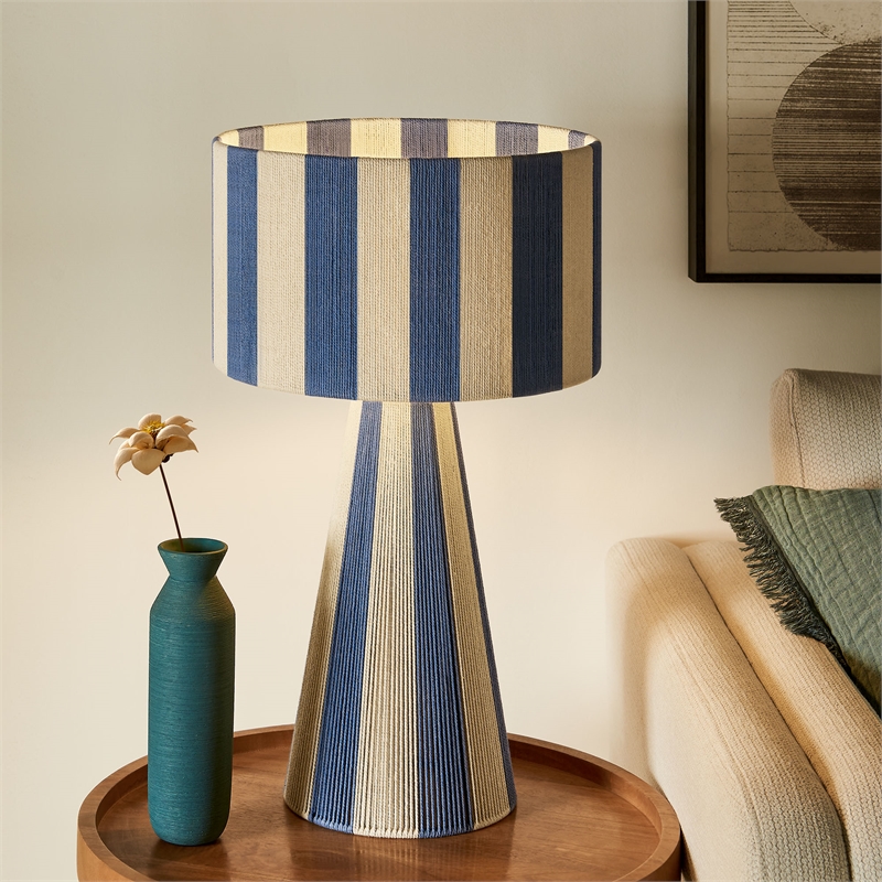 Renae Handwoven Cotton Thread Striped Table Lamp in Capri Blue