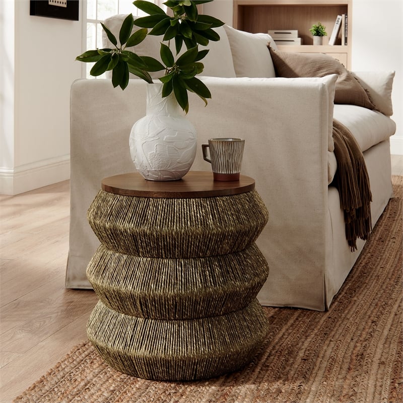 Maris Seagrass and Wood End Table in Walnut Natural