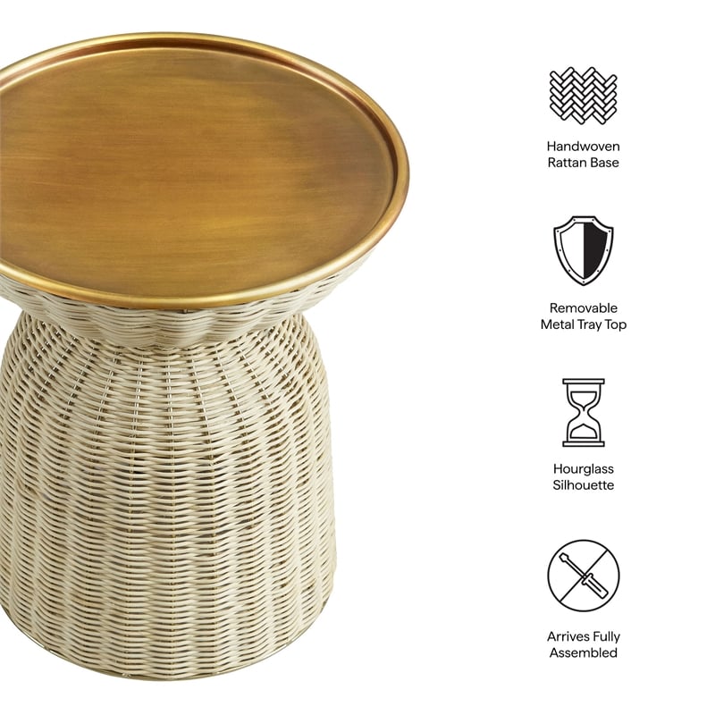 Lazaro Round Rattan Side Table in Burnished Brass Natural