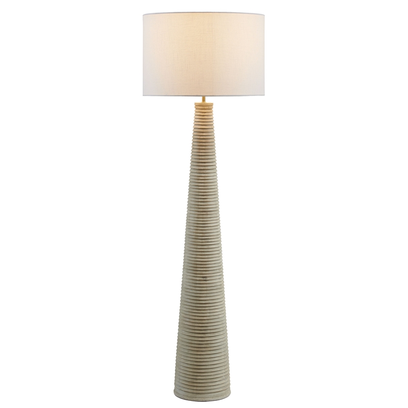 Saylor Carved Ribbed Wood Floor Lamp With Drum Shade in White Gray