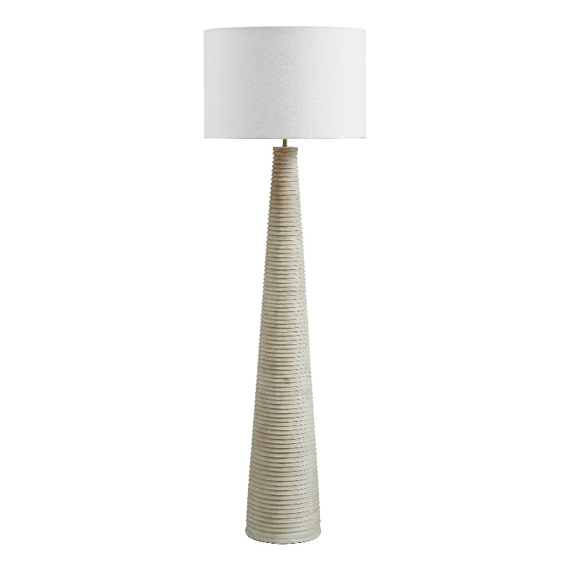 Saylor Carved Ribbed Wood Floor Lamp With Drum Shade in White Gray